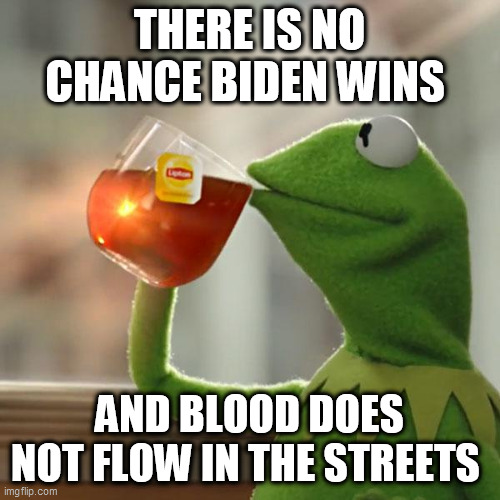 But That's None Of My Business Meme | THERE IS NO CHANCE BIDEN WINS; AND BLOOD DOES NOT FLOW IN THE STREETS | image tagged in memes,but that's none of my business,kermit the frog | made w/ Imgflip meme maker