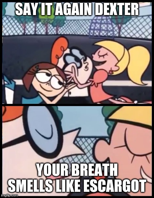 Say it Again, Dexter Meme | SAY IT AGAIN DEXTER; YOUR BREATH SMELLS LIKE ESCARGOT | image tagged in memes,say it again dexter | made w/ Imgflip meme maker