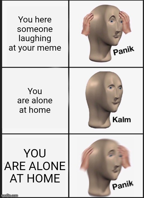 Home alone | You here someone laughing at your meme; You are alone at home; YOU ARE ALONE AT HOME | image tagged in memes,panik kalm panik | made w/ Imgflip meme maker