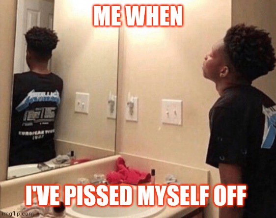 Pissing myself off | ME WHEN; I'VE PISSED MYSELF OFF | image tagged in pissed | made w/ Imgflip meme maker