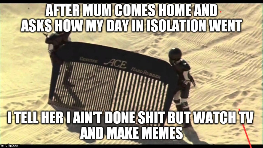 Spaceballs Desert Comb | AFTER MUM COMES HOME AND ASKS HOW MY DAY IN ISOLATION WENT; I TELL HER I AIN'T DONE SHIT BUT WATCH TV 
AND MAKE MEMES | image tagged in spaceballs desert comb | made w/ Imgflip meme maker