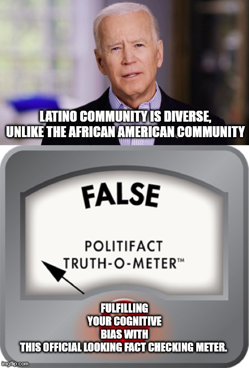 He Said What? | FULFILLING YOUR COGNITIVE BIAS WITH THIS OFFICIAL LOOKING FACT CHECKING METER. LATINO COMMUNITY IS DIVERSE, UNLIKE THE AFRICAN AMERICAN COMMUNITY | image tagged in joe biden 2020,donald trump | made w/ Imgflip meme maker