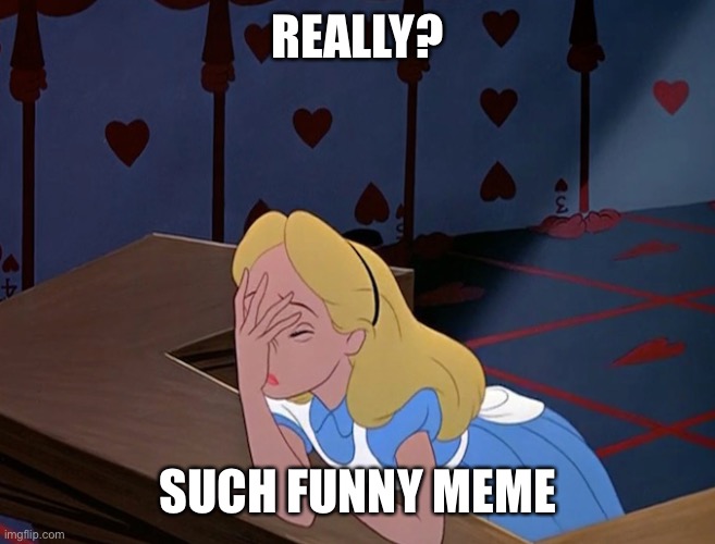 Alice in Wonderland facepalm | REALLY? SUCH FUNNY MEME | image tagged in alice in wonderland face palm facepalm,facepalm,sarcasm,imgflip humor,funny,funny meme | made w/ Imgflip meme maker