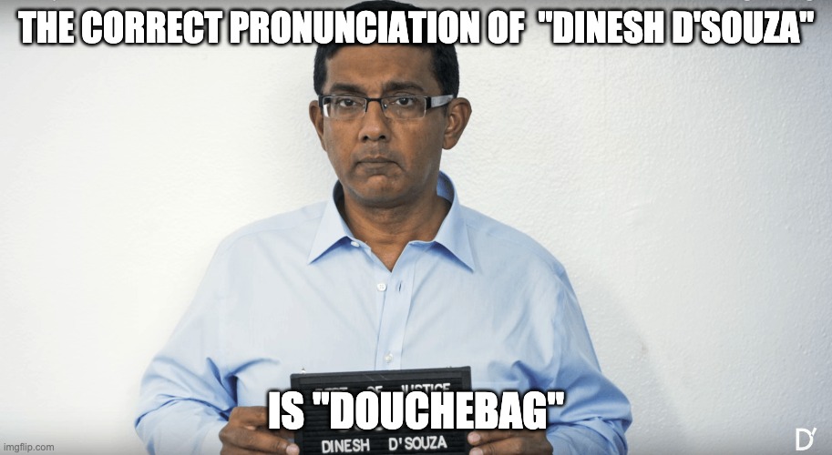 dinesh | THE CORRECT PRONUNCIATION OF  "DINESH D'SOUZA"; IS "DOUCHEBAG" | image tagged in dinesh d'souza,grifter,trumper,trump cultist,cult 45,magat | made w/ Imgflip meme maker