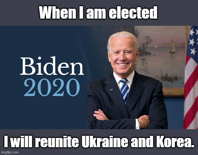 I am Joe Biden and I approve this message. | When I am elected; I will reunite Ukraine and Korea. | image tagged in biden for president,korea fish,democrat,dementia,liberals,2020 | made w/ Imgflip meme maker
