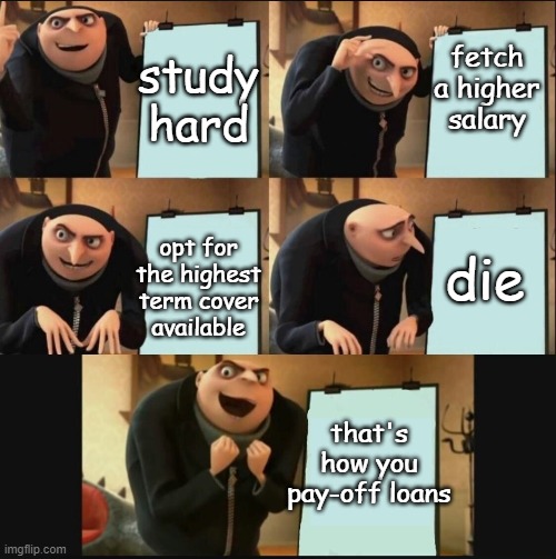 fcukin loans | study hard; fetch a higher salary; opt for the highest term cover
available; die; that's how you pay-off loans | image tagged in 5 panel gru meme | made w/ Imgflip meme maker