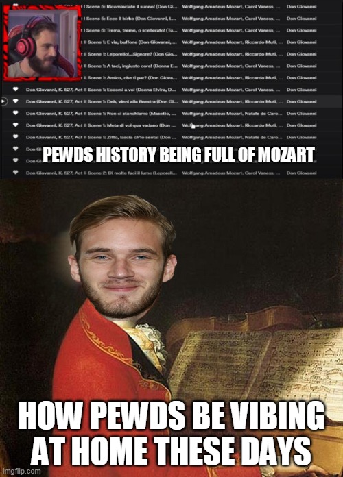 Pewds Spotify History | PEWDS HISTORY BEING FULL OF MOZART; HOW PEWDS BE VIBING AT HOME THESE DAYS | image tagged in pewdiepie,mozart | made w/ Imgflip meme maker