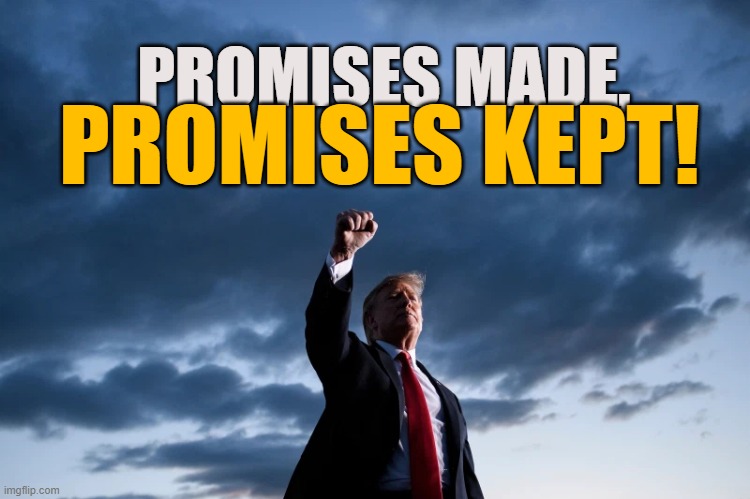 promises made promises kept | PROMISES MADE, PROMISES KEPT! | image tagged in promises made,promises kept,trump,president,promises | made w/ Imgflip meme maker