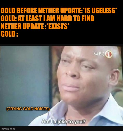 Am I a joke to you? | GOLD BEFORE NETHER UPDATE:*IS USELESS* 
GOLD: AT LEAST I AM HARD TO FIND
NETHER UPDATE :*EXISTS*
GOLD :; (CRYING GOLD NOISES) | image tagged in am i a joke to you | made w/ Imgflip meme maker