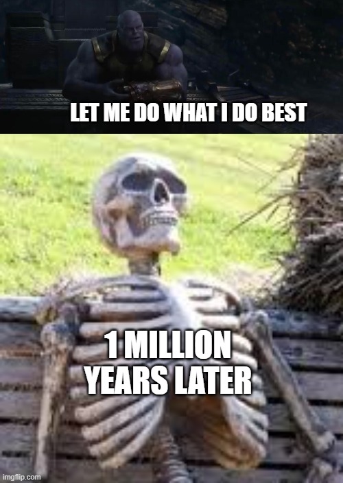 What does Thanos do best | LET ME DO WHAT I DO BEST; 1 MILLION YEARS LATER | image tagged in waiting skeleton,marvel,marvel cinematic universe,movies | made w/ Imgflip meme maker
