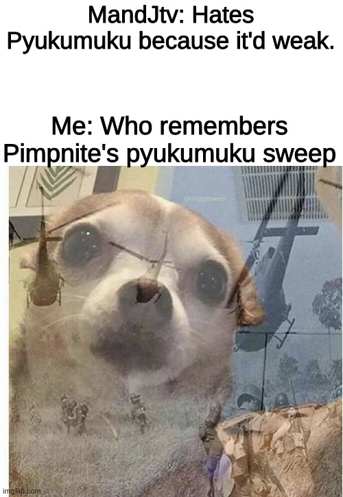 So epic | MandJtv: Hates Pyukumuku because it'd weak. Me: Who remembers Pimpnite's pyukumuku sweep | image tagged in ptsd chihuahua,pokemon,mandjtv | made w/ Imgflip meme maker