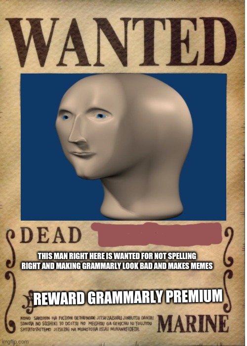 we all know meme man already died but he was back alive | THIS MAN RIGHT HERE IS WANTED FOR NOT SPELLING RIGHT AND MAKING GRAMMARLY LOOK BAD AND MAKES MEMES; REWARD GRAMMARLY PREMIUM | image tagged in one piece wanted poster template,meme man,memes,dank memes | made w/ Imgflip meme maker