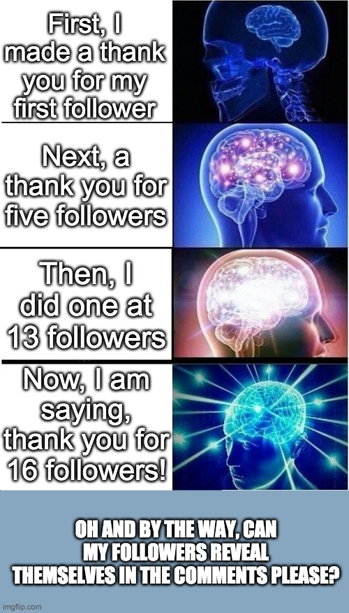 Thank you for 16 followers! | First, I made a thank you for my first follower; Next, a thank you for five followers; Then, I did one at 13 followers; Now, I am saying, thank you for 16 followers! OH AND BY THE WAY, CAN MY FOLLOWERS REVEAL THEMSELVES IN THE COMMENTS PLEASE? | image tagged in memes,expanding brain | made w/ Imgflip meme maker