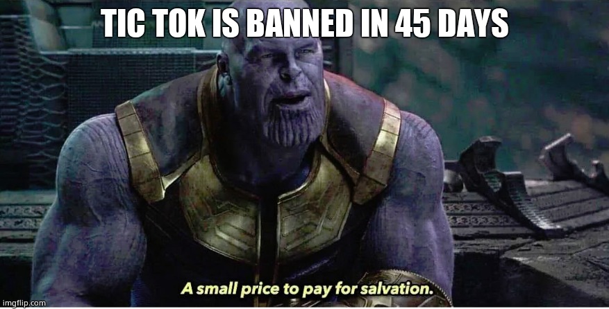 A small price to pay for salvation | TIC TOK IS BANNED IN 45 DAYS | image tagged in a small price to pay for salvation | made w/ Imgflip meme maker
