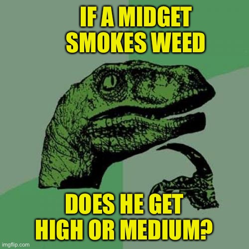 Hmmmm | IF A MIDGET SMOKES WEED; DOES HE GET HIGH OR MEDIUM? | image tagged in memes,philosoraptor | made w/ Imgflip meme maker