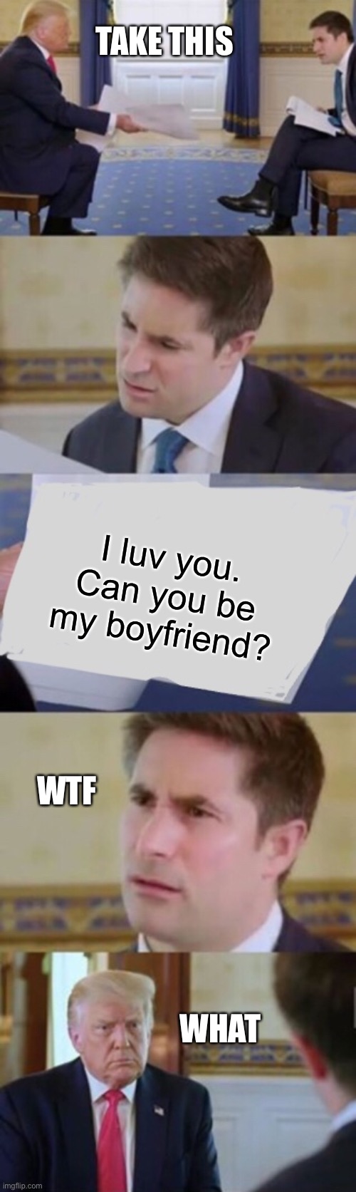 Use all you like. Just click on the tag | TAKE THIS; I luv you. Can you be my boyfriend? WTF; WHAT | image tagged in trump interview | made w/ Imgflip meme maker