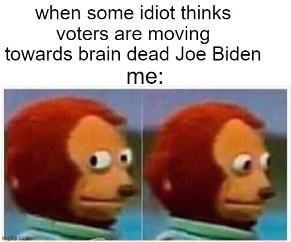 Monkey Puppet Meme | when some idiot thinks voters are moving towards brain dead Joe Biden me: | image tagged in memes,monkey puppet | made w/ Imgflip meme maker