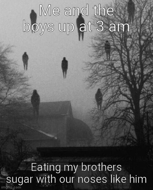 Me and the boys at 3 AM | Me and the boys up at 3 am; Eating my brothers sugar with our noses like him | image tagged in me and the boys at 3 am | made w/ Imgflip meme maker