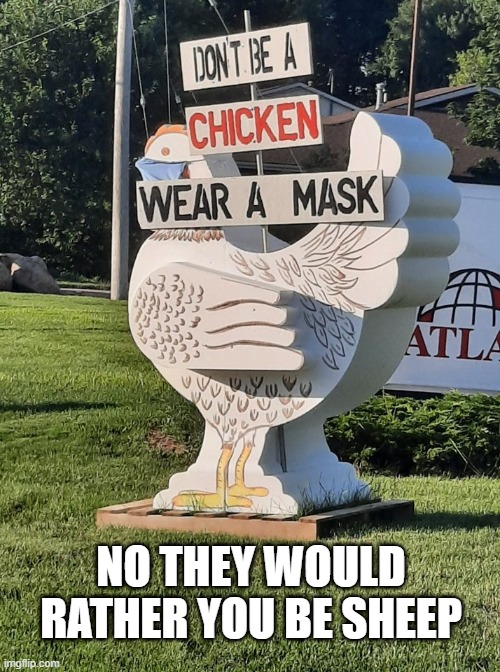 Sheep | NO THEY WOULD RATHER YOU BE SHEEP | image tagged in chicken,mask,sheep | made w/ Imgflip meme maker