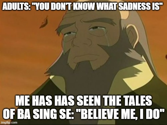Believe me, I do |  ADULTS: "YOU DON'T KNOW WHAT SADNESS IS"; ME HAS HAS SEEN THE TALES OF BA SING SE: "BELIEVE ME, I DO" | image tagged in crying iroh | made w/ Imgflip meme maker