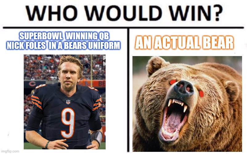 Who would win |  SUPERBOWL  WINNING QB NICK FOLES  IN A BEARS UNIFORM; AN ACTUAL BEAR | image tagged in memes,who would win,nfl football | made w/ Imgflip meme maker
