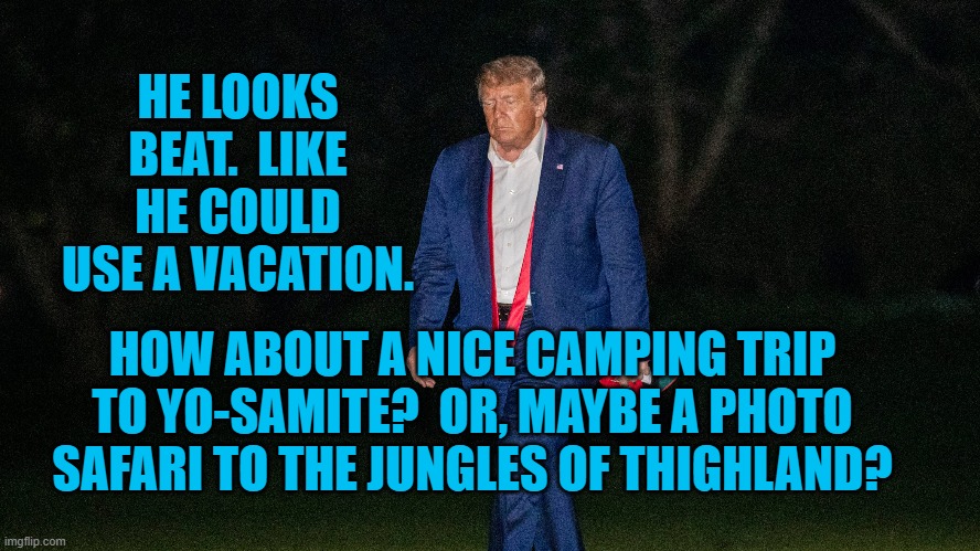 President Pandemic's Pronunciation Proficiency | HE LOOKS BEAT.  LIKE HE COULD USE A VACATION. HOW ABOUT A NICE CAMPING TRIP TO YO-SAMITE?  OR, MAYBE A PHOTO SAFARI TO THE JUNGLES OF THIGHLAND? | image tagged in politics | made w/ Imgflip meme maker