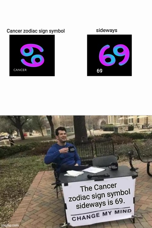 Zodiac sign, Cancer: I made this one months ago. | Cancer zodiac sign symbol; sideways; 69; The Cancer zodiac sign symbol sideways is 69. | image tagged in zodiac,69,change my mind,memes,blank white template,cancer | made w/ Imgflip meme maker