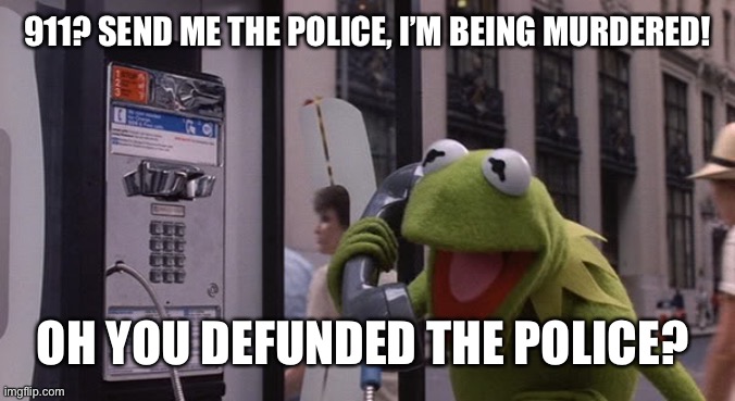 Kermit Phone | 911? SEND ME THE POLICE, I’M BEING MURDERED! OH YOU DEFUNDED THE POLICE? | image tagged in kermit phone | made w/ Imgflip meme maker