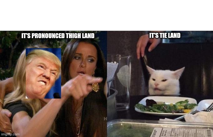 Woman Yelling At Cat Meme | IT'S TIE LAND; IT'S PRONOUNCED THIGH LAND | image tagged in memes,woman yelling at cat | made w/ Imgflip meme maker