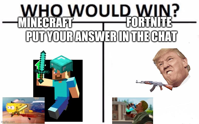 Who Would Win? Meme | FORTNITE; MINECRAFT; PUT YOUR ANSWER IN THE CHAT | image tagged in memes,who would win | made w/ Imgflip meme maker