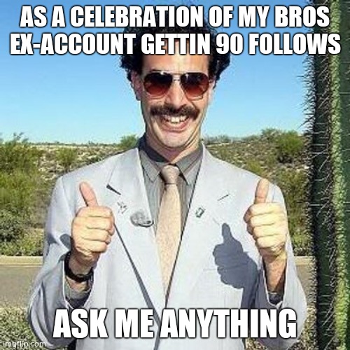 Yay | AS A CELEBRATION OF MY BROS EX-ACCOUNT GETTIN 90 FOLLOWS; ASK ME ANYTHING | image tagged in yay | made w/ Imgflip meme maker