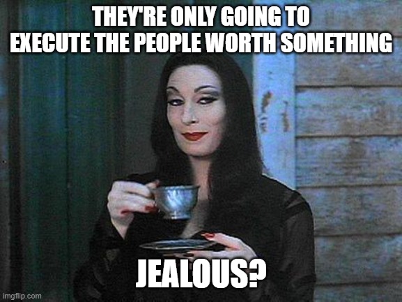 Morticia drinking tea | THEY'RE ONLY GOING TO EXECUTE THE PEOPLE WORTH SOMETHING JEALOUS? | image tagged in morticia drinking tea | made w/ Imgflip meme maker