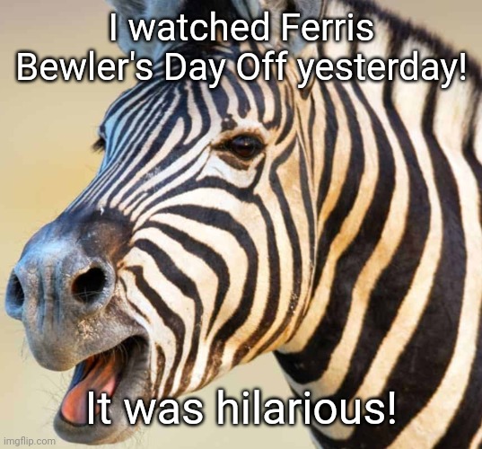 *Bueller 
AUGH! Sorry! | I watched Ferris Bewler's Day Off yesterday! It was hilarious! | image tagged in happy zebra,ferris bueller's day off,movies | made w/ Imgflip meme maker
