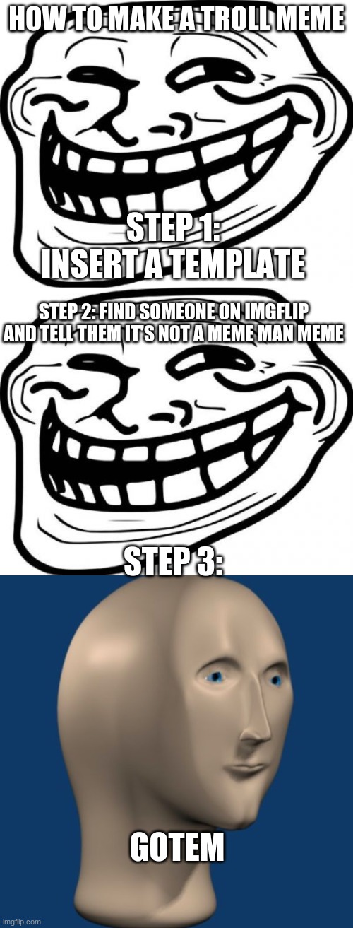 How'd you do | HOW TO MAKE A TROLL MEME; STEP 1: INSERT A TEMPLATE; STEP 2: FIND SOMEONE ON IMGFLIP AND TELL THEM IT'S NOT A MEME MAN MEME; STEP 3:; GOTEM | image tagged in memes,troll face | made w/ Imgflip meme maker