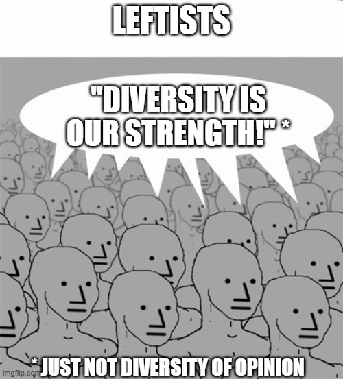 NPCProgramScreed | LEFTISTS; "DIVERSITY IS OUR STRENGTH!" *; * JUST NOT DIVERSITY OF OPINION | image tagged in npcprogramscreed | made w/ Imgflip meme maker