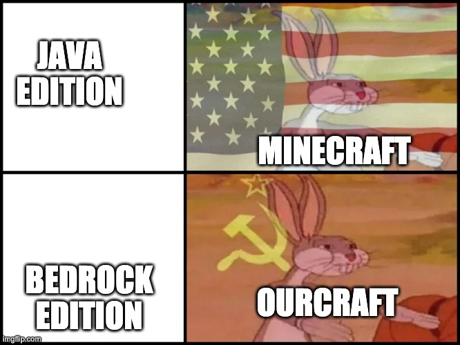 you share resource packs, non ops share gamemodes, if you see coords, etc | JAVA EDITION; MINECRAFT; BEDROCK EDITION; OURCRAFT | image tagged in capitalist and communist | made w/ Imgflip meme maker