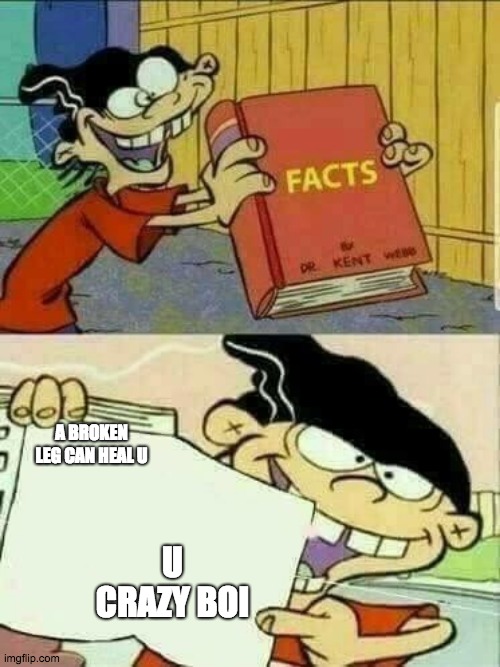 Double d facts book  | A BROKEN LEG CAN HEAL U; U CRAZY BOI | image tagged in double d facts book | made w/ Imgflip meme maker