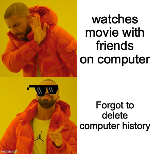 YA YEET | watches movie with friends on computer; Forgot to delete computer history | image tagged in memes,drake hotline bling | made w/ Imgflip meme maker