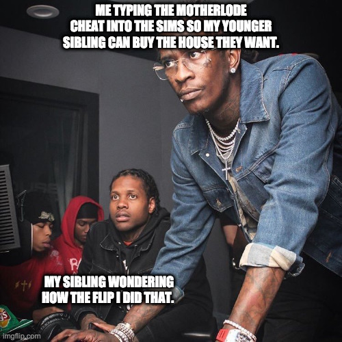 Why is it always so hard to get them to do what you want? |  ME TYPING THE MOTHERLODE CHEAT INTO THE SIMS SO MY YOUNGER SIBLING CAN BUY THE HOUSE THEY WANT. MY SIBLING WONDERING HOW THE FLIP I DID THAT. | image tagged in young thug and lil durk troubleshooting,sims 4,video games,sweet,siblings | made w/ Imgflip meme maker