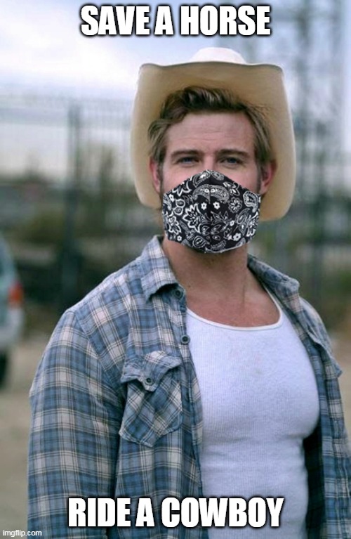 Trevor Donovan | SAVE A HORSE; RIDE A COWBOY | image tagged in cowboy,masks,covid,hot | made w/ Imgflip meme maker