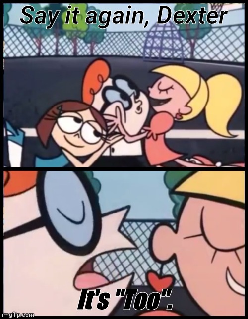 Say it Again, Dexter Meme | Say it again, Dexter It's "Too". | image tagged in memes,say it again dexter | made w/ Imgflip meme maker