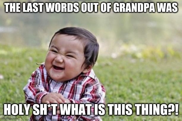Evil Toddler | THE LAST WORDS OUT OF GRANDPA WAS; HOLY SH*T WHAT IS THIS THING?! | image tagged in memes,evil toddler | made w/ Imgflip meme maker