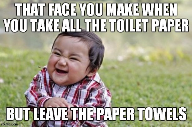 whhhyyyyyy evillll  toddler, whhhhyyyyy! | THAT FACE YOU MAKE WHEN YOU TAKE ALL THE TOILET PAPER; BUT LEAVE THE PAPER TOWELS | image tagged in memes,evil toddler | made w/ Imgflip meme maker