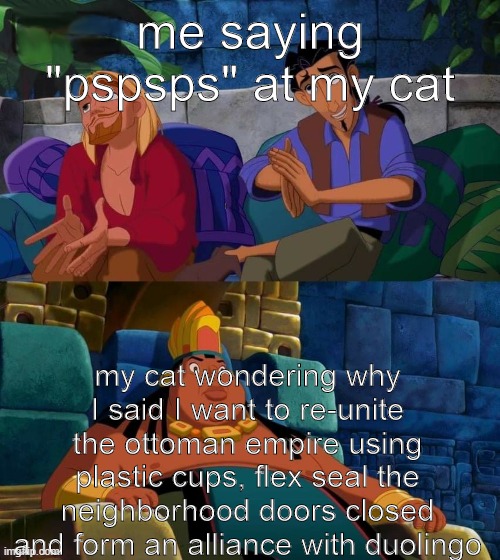*visible confusion* | me saying "pspsps" at my cat; my cat wondering why I said I want to re-unite the ottoman empire using plastic cups, flex seal the neighborhood doors closed and form an alliance with duolingo | image tagged in road to el dorado | made w/ Imgflip meme maker