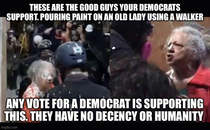 Democrats support Elder abuse by their thugs | THESE ARE THE GOOD GUYS YOUR DEMOCRATS SUPPORT. POURING PAINT ON AN OLD LADY USING A WALKER; ANY VOTE FOR A DEMOCRAT IS SUPPORTING THIS. THEY HAVE NO DECENCY OR HUMANITY | image tagged in democrats,communist socialist,woke,antifa,blm | made w/ Imgflip meme maker