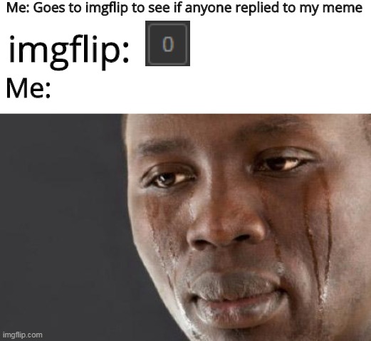 That's sad | Me: Goes to imgflip to see if anyone replied to my meme; imgflip:; Me: | image tagged in black guy cry,imgflip | made w/ Imgflip meme maker