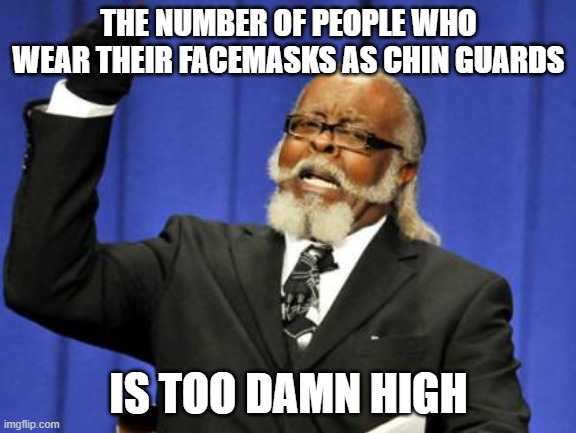 The number of people wearing facemasks as chinguards is too damn high! | THE NUMBER OF PEOPLE WHO WEAR THEIR FACEMASKS AS CHIN GUARDS; IS TOO DAMN HIGH | image tagged in memes,too damn high | made w/ Imgflip meme maker