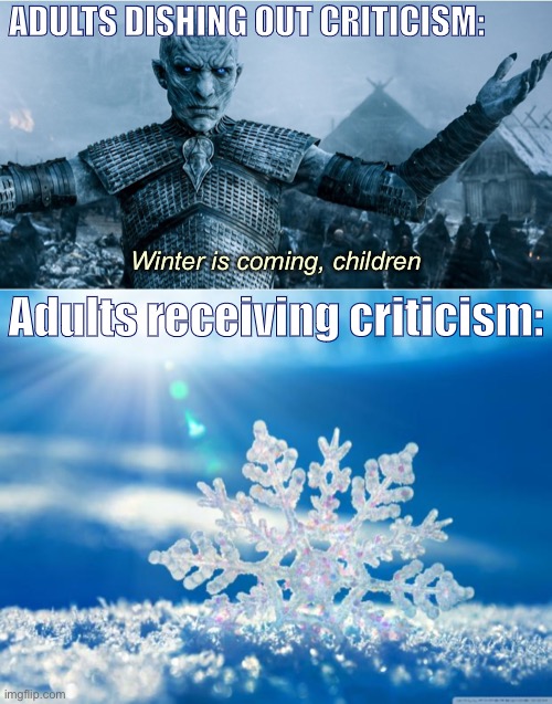 watch them melt | ADULTS DISHING OUT CRITICISM:; Winter is coming, children; Adults receiving criticism: | image tagged in snowflake,winter is coming,damn,adults,melting,meanwhile on imgflip | made w/ Imgflip meme maker