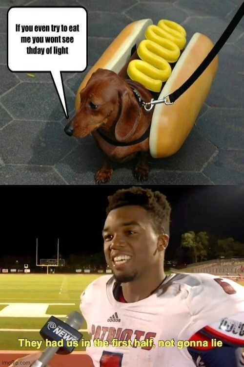 Hot dog saying "If you even try to eat me you won't see thday of light" | image tagged in they had us in the first half,memes,meme,hot dog,dark humor,hotdogs | made w/ Imgflip meme maker