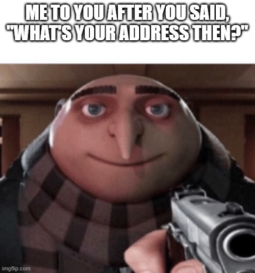NO Gru | ME TO YOU AFTER YOU SAID, "WHAT'S YOUR ADDRESS THEN?" | image tagged in no gru | made w/ Imgflip meme maker